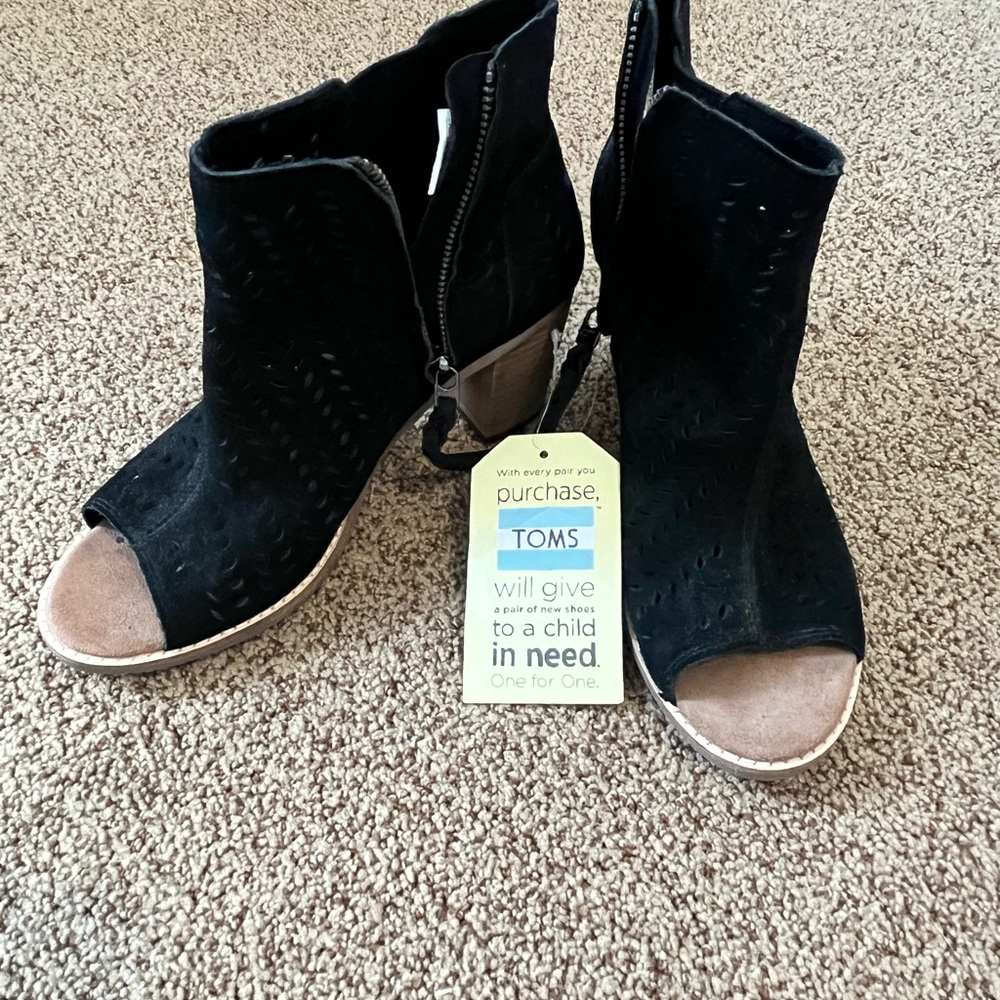 TOMS Black Suede Peep Toe Mules with Stacked Heel